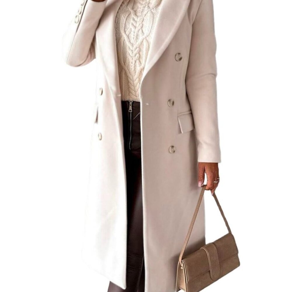 Womens Long Wool Trench Coat Double Breasted Classic Elegant Fall Winter
